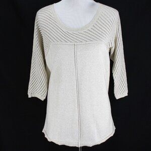 Chicos Zenergy Sweater Sz 2 L Gold Metallic 3/4 Sleeve Open Knit Pullover Womens